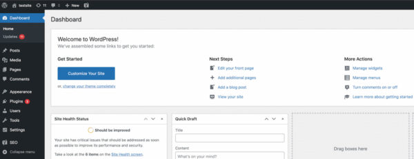 example of a dashboard in the backend of WordPress