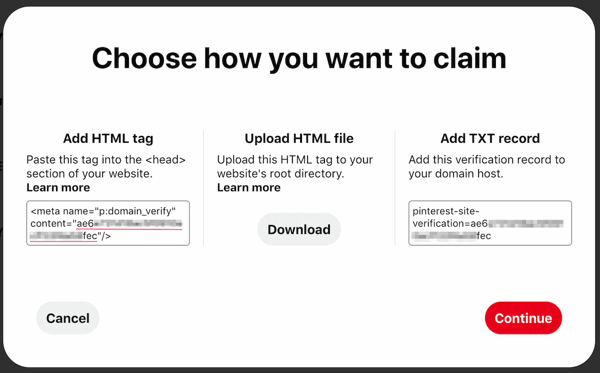 Using HTML tag to claim your website on Pinterest